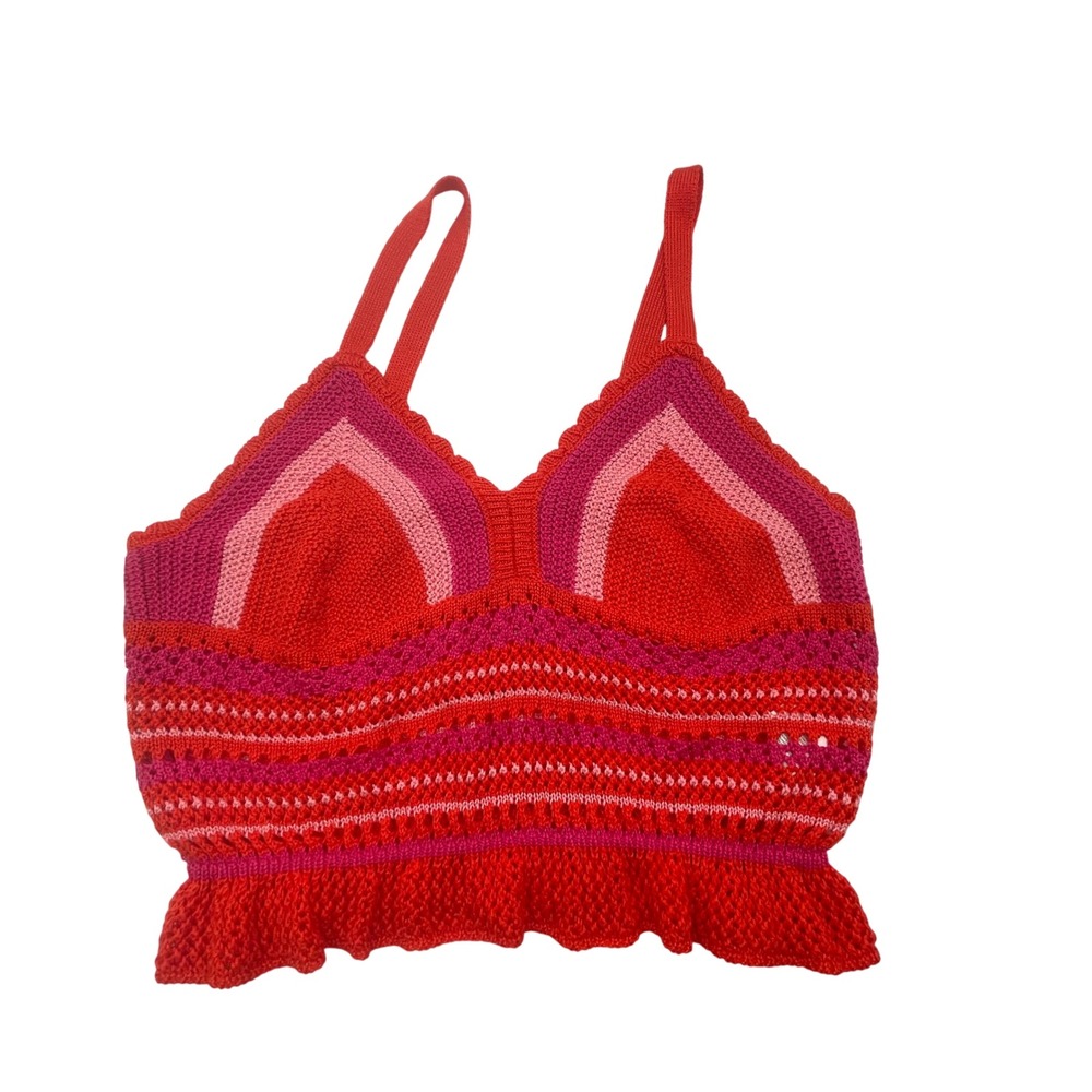 Madden NYC Womens XL Crochet Cami Top Red Pink Striped Ruffle Hem Boho NS167B